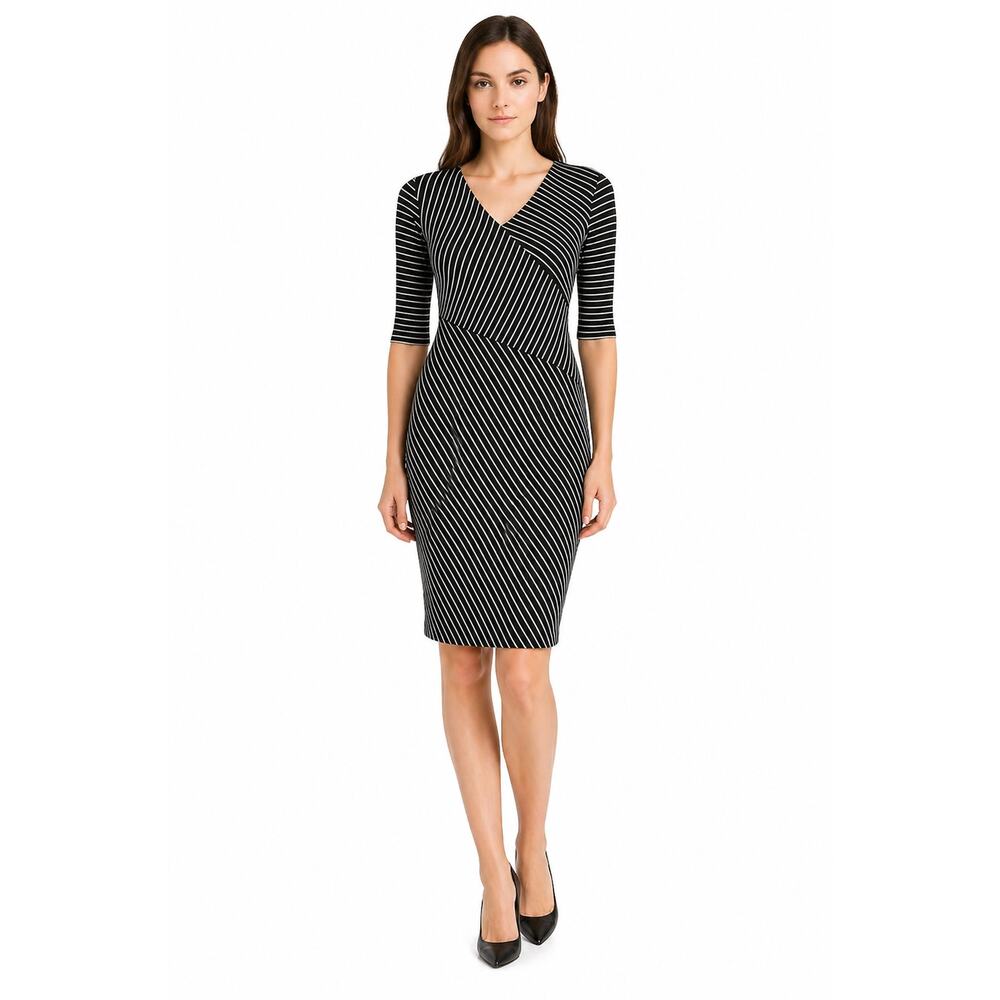 Women’s Black White Striped Bodycon Dress XL V Neck Knee Length Stretch